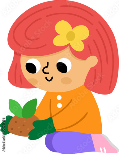 Vector girl with baby plant. Cute kid gardener clipart. Funny child doing gardening works, planting a seed, tree, new sprout. Nature illustrations with children. Spring or summer country icon