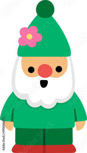 Vector garden dwarf icon. Magic creature clipart. Cute fairytale character. Woodland fantasy green gnome with pink flower on hat. Forest fairy tale illustration isolated on white background