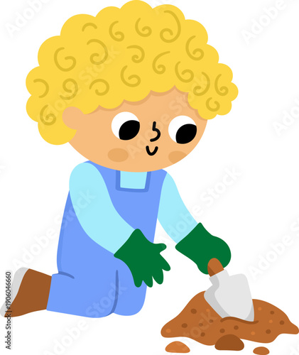 Vector boy digging the ground with little spade. Cute kid gardener clipart. Funny child doing gardening works, planting a seed. Nature illustrations with children. Spring or summer country icon