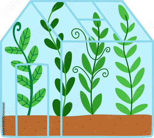 Vector blue greenhouse with green plants. Flat hot house illustration isolated on white background. Side view greenroom picture. Spring garden clipart