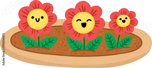 Vector flower bed. Garden blooming and smiling plant with railing. Red florals clipart. Baby greenery with leaves isolated on white background. Flat spring illustration. Gardening icon