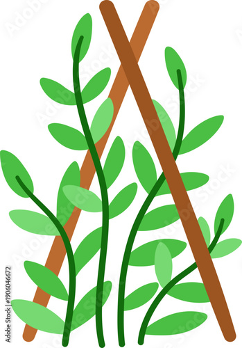 Vector garden plant on stilts. Baby greenery with leaves and sticks isolated on white background. Flat spring illustration. Gardening icon
