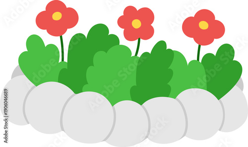 Vector flower bed. Garden blooming plant with stone railing. Red florals clipart. Baby greenery with leaves isolated on white background. Flat spring illustration. Gardening icon