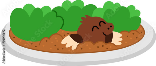 Vector flower bed. Garden plant with railing and smiling mole clipart. Baby greenery with leaves isolated on white background. Flat spring illustration. Gardening icon