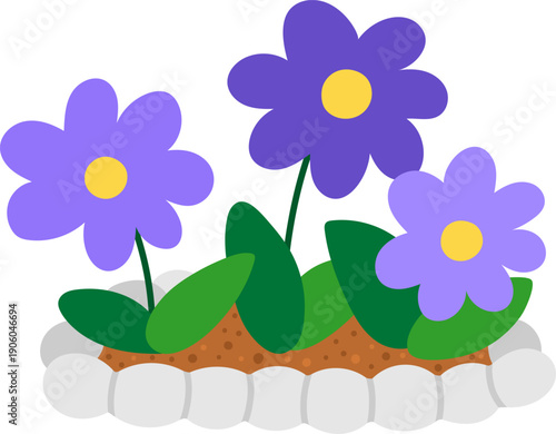 Vector flower bed. Garden blooming plant with railing. Purple florals clipart. Baby greenery with leaves isolated on white background. Flat spring illustration. Gardening icon
