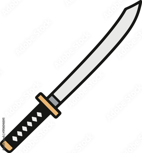 Traditional Japanese katana with a curved steel blade and wrapped black hilt, bold outline vector illustration