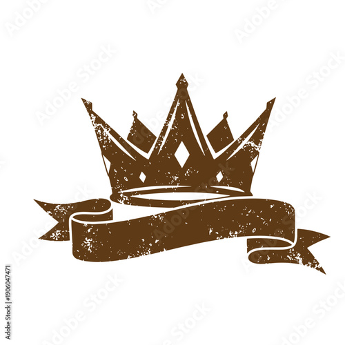 Vintage Grunge Grunge style crown symbol with ribbon banner isolated on white background for royalty or victory concept