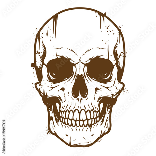 Grunge texture A brown and white illustration of a human skull with a grunge effect and splatters around it on clean white background  skull with grunge effect Vintage Style