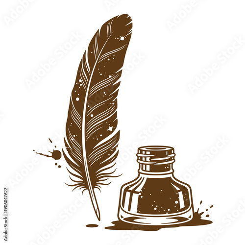 Grunge texture A brown feather and ink bottle on a white background  writing tools and supplies Vintage Style