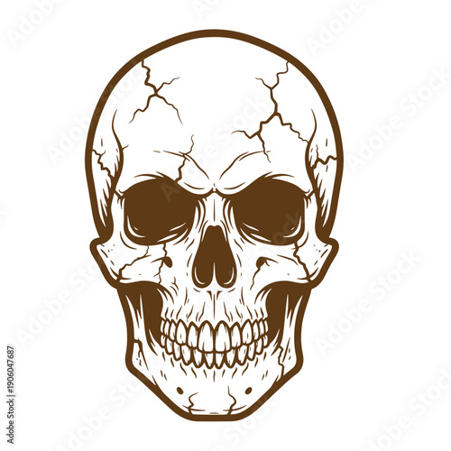 Grunge texture A cracked human skull with a menacing expression and a brown outline on a white background  symbolizing danger and mortality Vintage Style