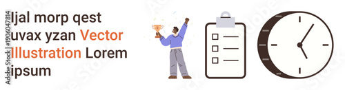 Success, time management, productivity, task completion, goal-setting, planning. A person holding a trophy, a checklist and a clock. Success and time management concepts for workplace or personal