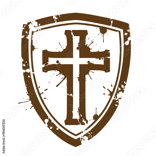 Vintage Grunge grungy shield with a cross on it  christian symbol  religious icon  distressed design element