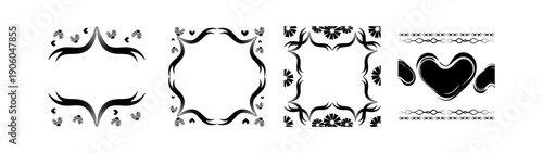 Valentine Day Black Decorative Frame and Heart Ornament PNG Romantic Vintage Border Set Isolated