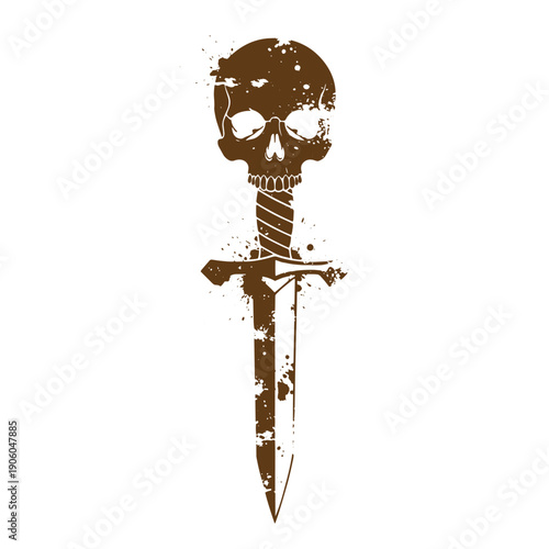 Vintage Grunge grungy skull with dagger or dagger with skull on the hilt isolated on white background