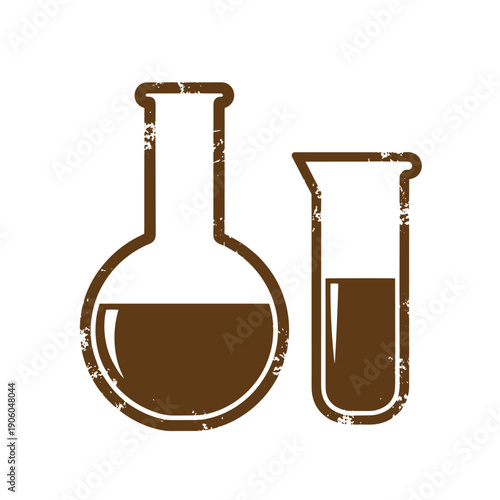 Grunge texture Brown laboratory flask and test tube on white background  science lab equipment Vintage Style