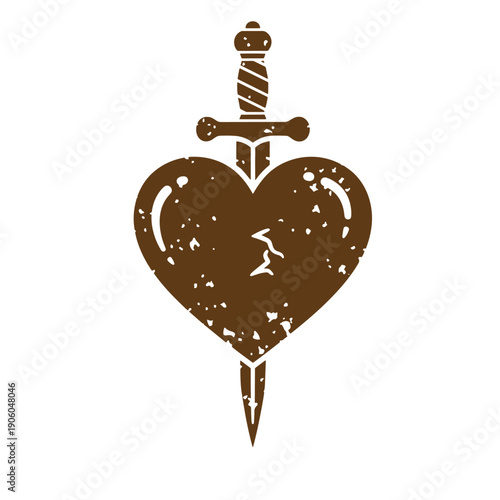 Vintage Grunge heart pierced by sword dagger symbol of love and pain  heart with dagger through it