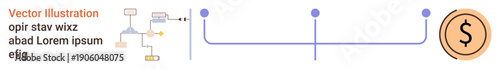 Financial planning, economic growth, workflow processes, investment strategy, time management, money flow. Diagram with a process map, timeline and dollar sign. Financial planning and economic