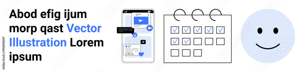 Fototapeta premium Productivity tools, task organization, digital communication, scheduling, workflow management, user experience. Smartphone interface, calendar with checkboxes and a smiling face. Productivity tools