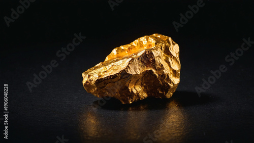 Natural Gold Nugget on Reflective Black Surface. Shiny Raw Precious Metal Ore. Luxury Concept of Mining Geology, Financial Wealth, Investment, Economy Market, Rare Mineral and Expensive Texture.