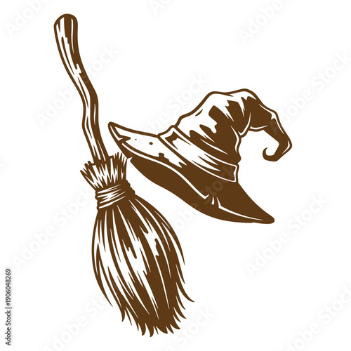Grunge texture Brown witch hat and broomstick on white background Vintage Style