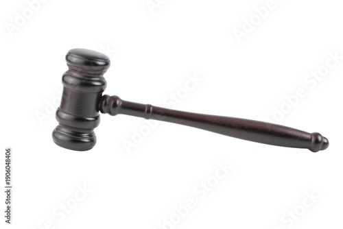 Dark brown wooden judge gavel isolated in PNG on transparent background