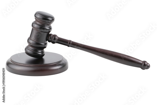 Dark brown wooden judge gavel with striking block isolated in PNG on transparent background
