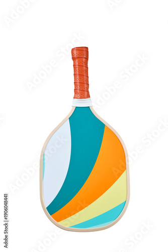 Pickleball paddle with brown leather handle and striped design isolated in PNG