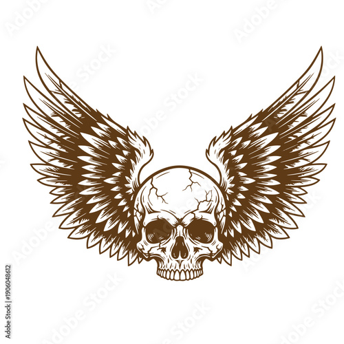 Vintage Grunge Skull with wings symbol isolated on white background representing death and freedom in one image