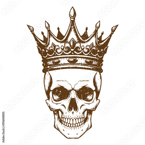 Grunge texture human skull wearing a crown on white background Vintage Style