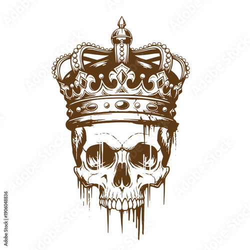 Grunge texture human skull wearing a crown with dripping effect on white background Vintage Style