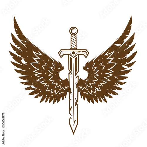 Vintage Grunge Winged sword emblem with feathered wings and hilt  a symbol of power and protection