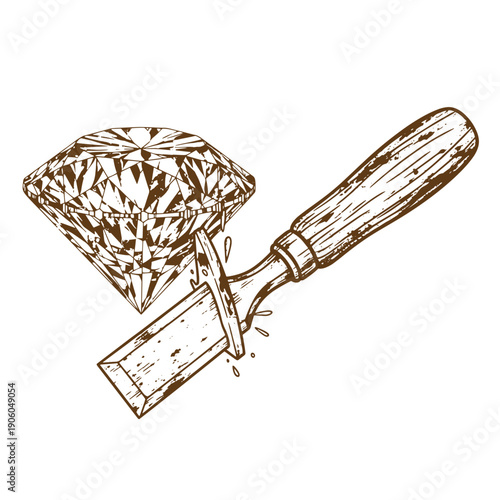 Grunge texture sketch drawing of diamond cut by glass cutter on white background Vintage Style