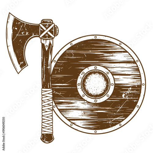 Grunge texture Viking axe and shield  medieval weaponry and armor  historical battle gear  ancient combat tools Vintage Style