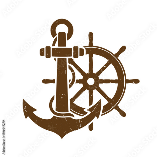 Grunge texture Vintage nautical anchor and ship wheel combination symbolizing maritime and sailing concepts  sea voyage and exploration Vintage Style