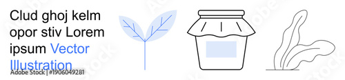 Organic products, sustainable packaging, eco designs, nature , minimal art, environmental care. Stylized plant, jar and leaves. Organic products and sustainable packaging concept
