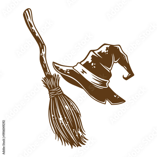 Grunge texture Vintage illustration of a witchs broom and hat on white background for halloween or magic concepts Vintage Style