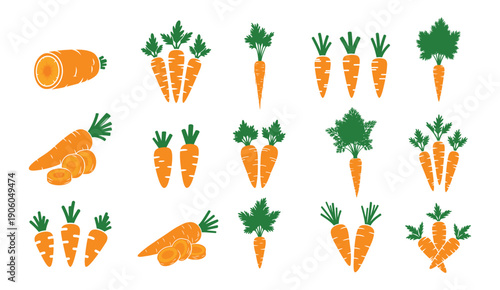 flat color carrot illustrations set with leafy tops isolated vegetable vector illustration, carrot vegetable icons collection in flat color design vector illustration, fresh carrot illustrations set