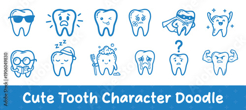 cute tooth character doodle icons set with funny cartoon dental expressions vector illustration