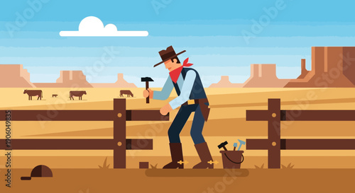 A cowboy diligently repairs a wooden fence with a hammer in a vast Western landscape, with cattle grazing nearby.