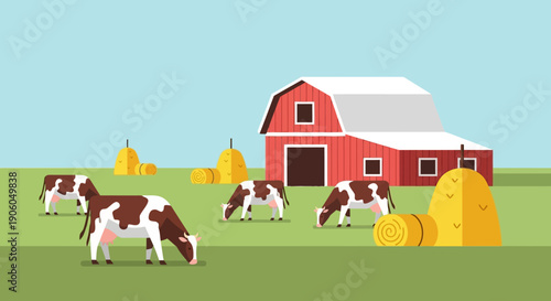 Flat illustration of several brown and white dairy cows grazing in a green pasture with a red barn and hay bales under a clear blue sky.