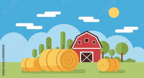 A vibrant flat design illustration depicting a rural farm scene with large hay bales in a green field, a classic red barn, trees, and a bright sunny sky.
