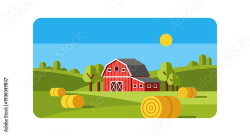Vibrant illustration of a classic red barn nestled in a sunny green field with golden hay bales and trees.