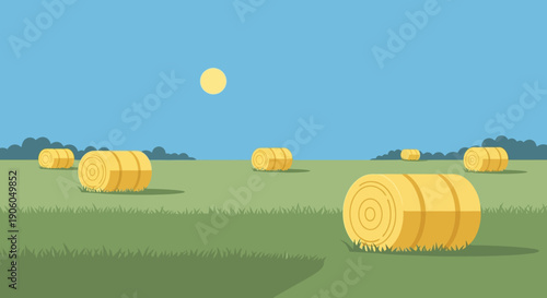 An illustration of golden hay bales scattered across a green field under a clear blue sky with a bright sun.