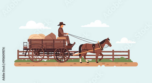 A man in a wide-brimmed hat drives a horse-drawn wooden cart filled with hay and sacks along a rural dirt path.