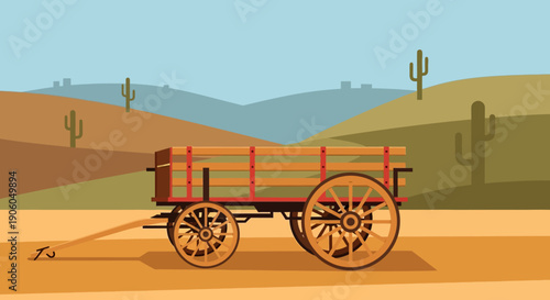 An old wooden wagon stands in a flat, arid desert landscape with distant hills and saguaro cacti.