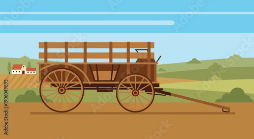 A classic wooden farm cart with spoked wheels parked in a rural field, featuring distant farmhouses and rolling green hills.
