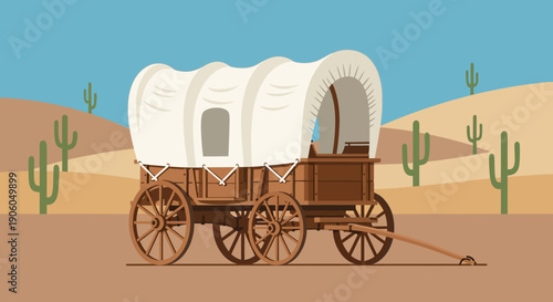 A classic covered wagon, a symbol of westward expansion, stands in a vast, arid desert landscape with saguaro cacti and distant hills.