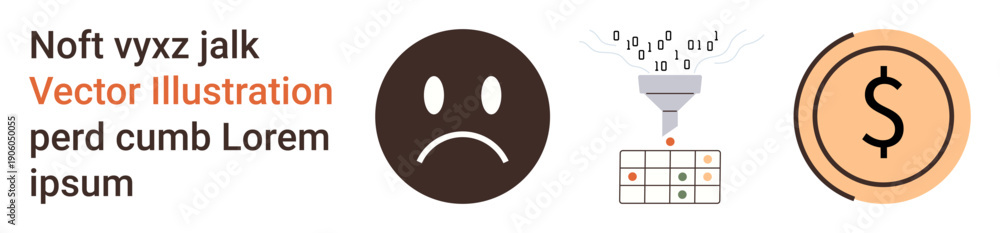 Fototapeta premium Data processing, financial management, sentiment analysis, decision-making, cost reduction, digital systems. Sad face, binary funnel grid dollar sign. Data processing and financial management