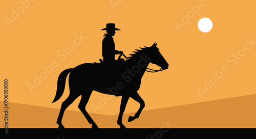 A solitary horseman in a cowboy hat rides his horse across a desert plain at sunset.