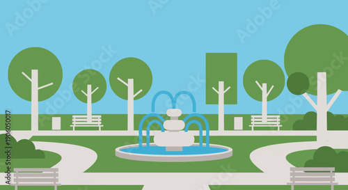 An illustrated park scene featuring a central water fountain, lush green trees, and benches along winding pathways under a clear blue sky.